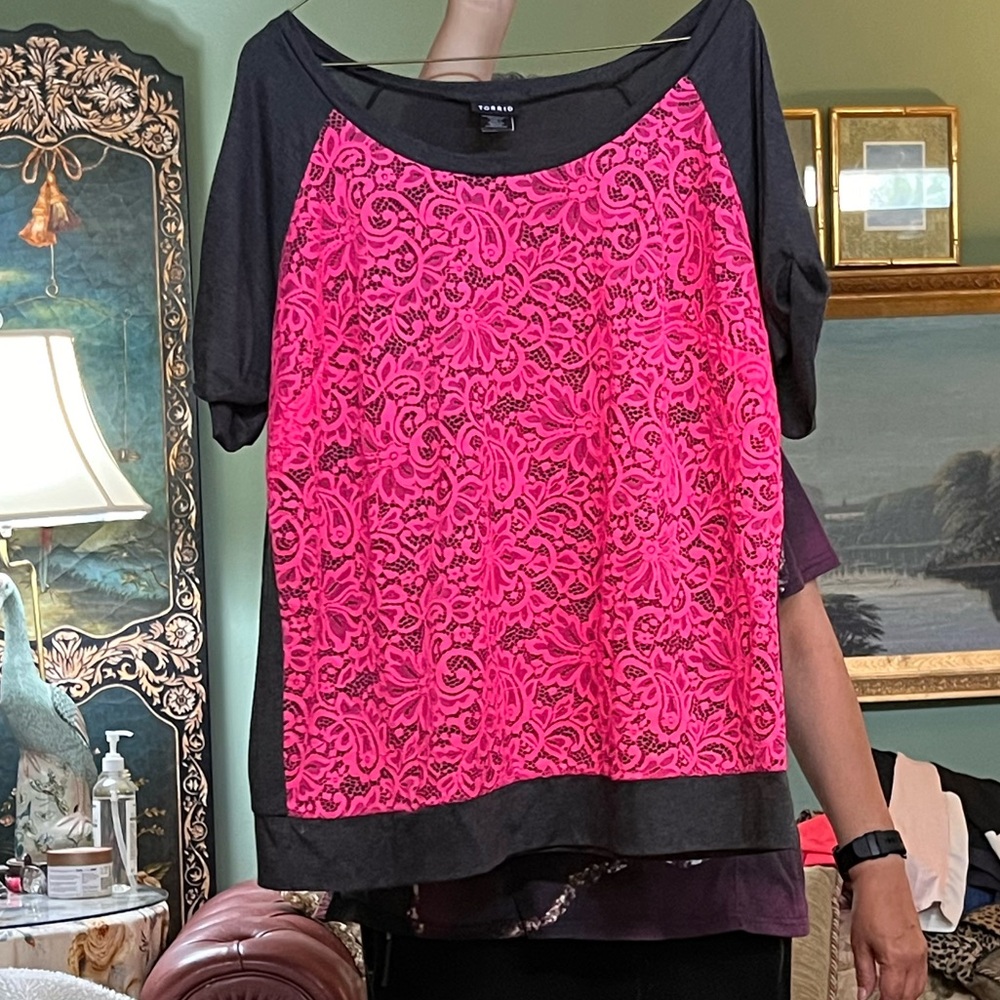 Torrid Gray and Pink Lace Top